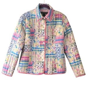 Vintage Womens Silkland Quilted 100% Silk Patchwork Jacket Art to Wear Easter L